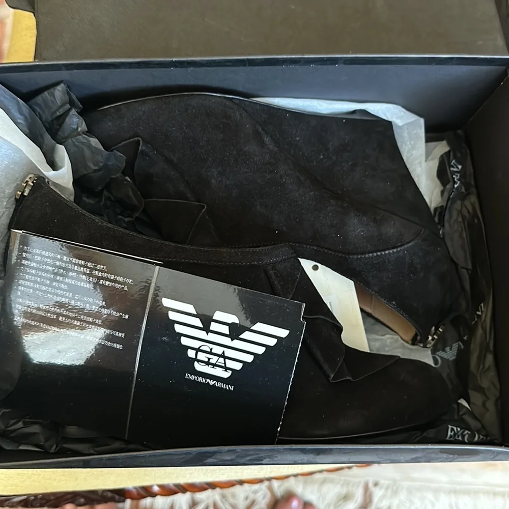 Emporio Armani Black Suede Wedge Booties with Ruffle and Back Zip EUR 40 US 9.5